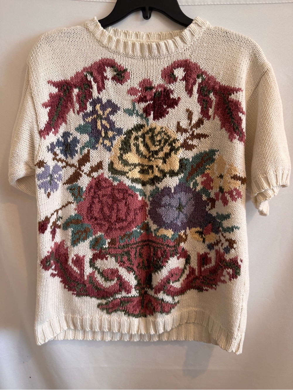 Vintage Floral Knit Short-Sleeve Sweater in Cream with Multicolor Flower Motif